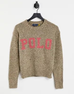 Polo Ralph Lauren long sleeve varsity logo sweatshirt in tan | ASOS (Global)