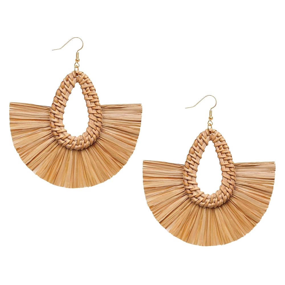 Statement Raffia Tassel Earrings Boho Summer Beach Earrings Lightweight Straw Wicker Dangle Drop ... | Amazon (US)