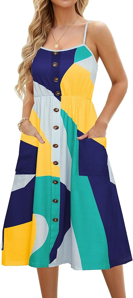 Summer Casual Dresses for Women with Pockets Beach Floral Spaghetti Strap Swing Dress | Amazon (US)
