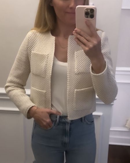 Obsessed with this lady jacket for spring!! So chic! Fabric has a subtle sheen which is so sophisticated. I’m in my true XS. I’d size up if you’re in between sizes. Will definitely wearing on repeat! 

Mango
Affordable style
Mom style
Lady jacket
Spring jacket 
Openwork jacket


#LTKover40 #LTKstyletip #LTKSeasonal