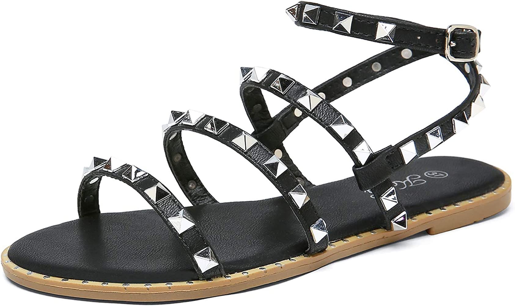 Women's Flat Sandals Strappy Studded Sandals Gladiator Sandals with Ankle Strap | Amazon (US)