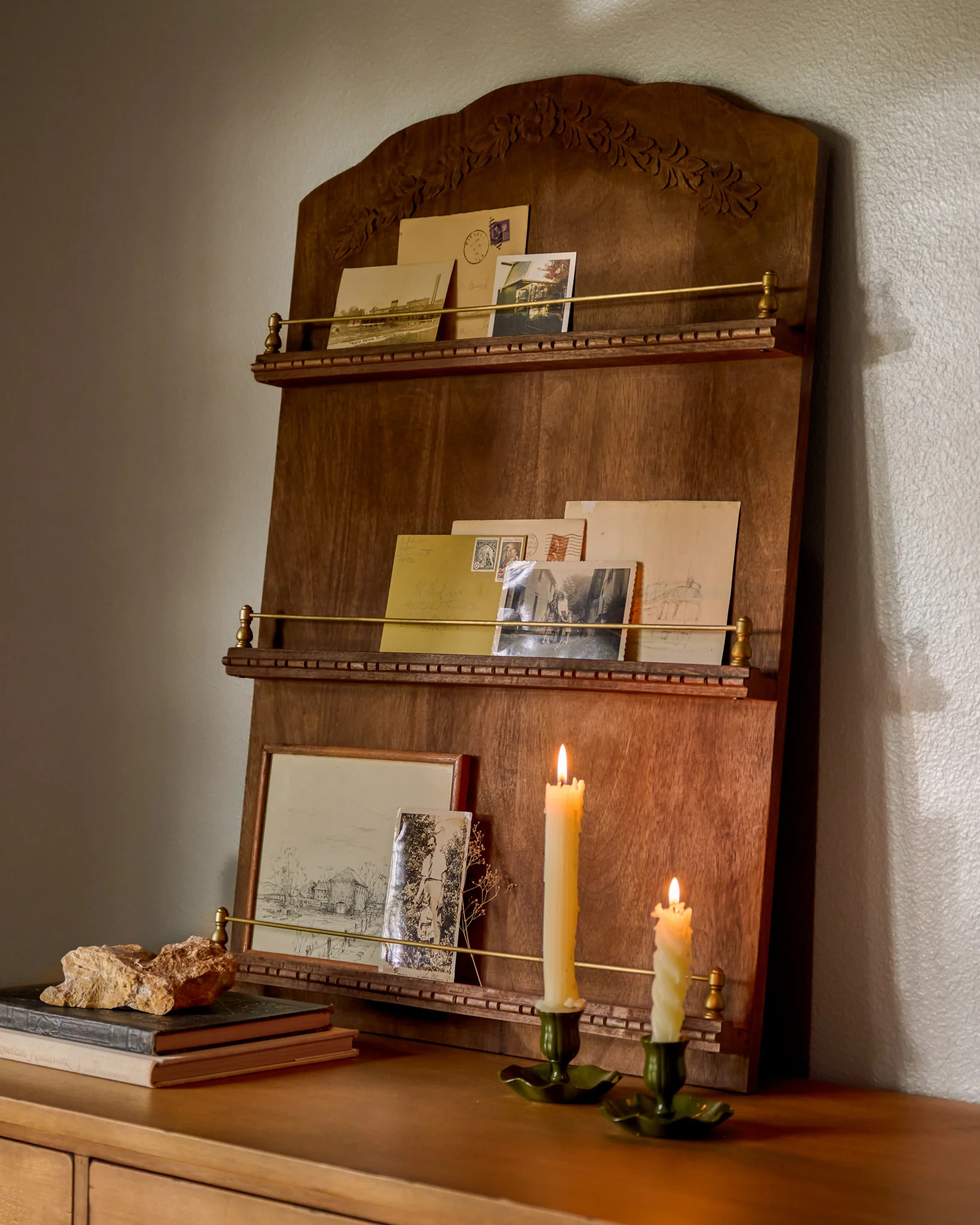 Gloria Carved Wood and Brass Display Shelf | Magnolia