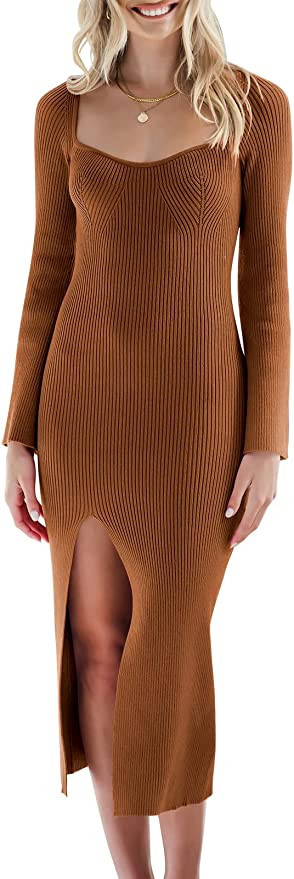 ANRABESS Women's Bell Long Sleeve Sweetheart Neck Slim Fit Ribbed Knit Slit Midi Sweater Dress | Amazon (US)