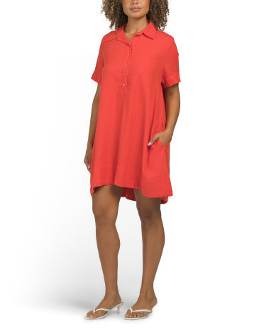 Linen Blend Short Sleeve A-line Mini Dress With Collar for Women | Rayon/Cotton | Marshalls
