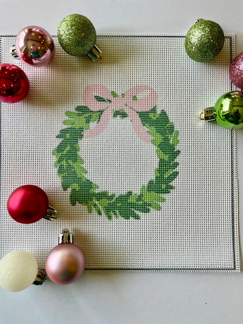 2024 Christmas Wreath With Pink Bow Needlepoint Canvas - Etsy | Etsy (US)