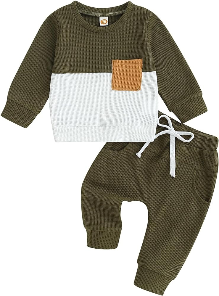Baby Boy Clothes Fall Winter Waffle Knit Contrast Color Sweatshirt Tops Casual Pants Set Toddler ... | Amazon (US)