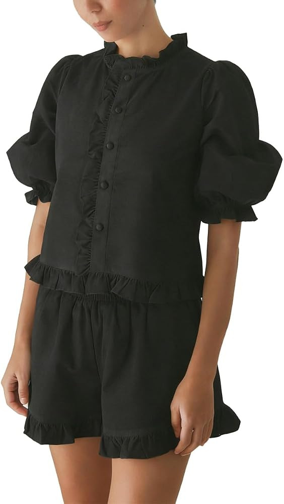 Women's Ruffle Short Set Puff Sleeve Button Down 2 Piece Outfits | Amazon (US)