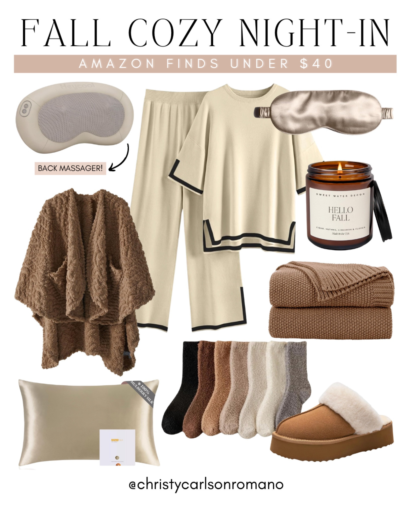 Enjoying a cozy night this fall with all the essentials for under $40: fuzzy socks, satin pillowcase, back massager, fuzzy wearable blanket, silk sleep mask, platform slippers , and more! 
#selfcare #amazonfinds #loungewear #affordablefinds

#LTKU #LTKStyleTip #LTKSeasonal
