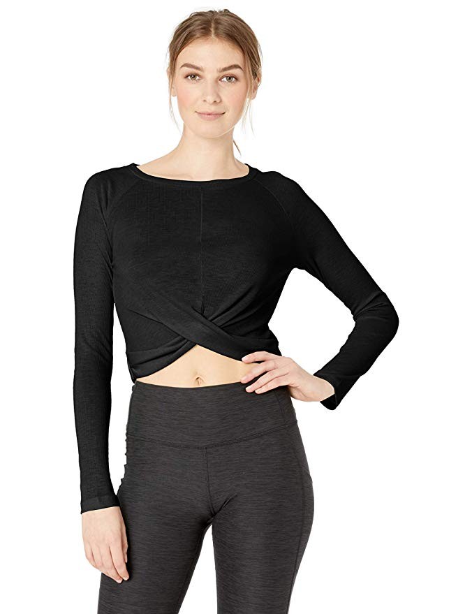 Amazon Brand - Core 10 Women's Lightweight Semi-Sheer Rib Knit Yoga Knot Front Cropped Long Sleeve | Amazon (US)