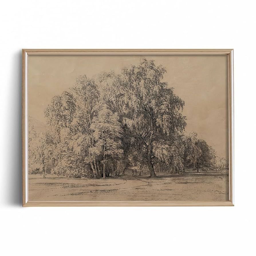 Forest Trees Beige Print Poster - Landscape Moody Drawing Etching Rustic Gray Picture - Vintage F... | Amazon (US)