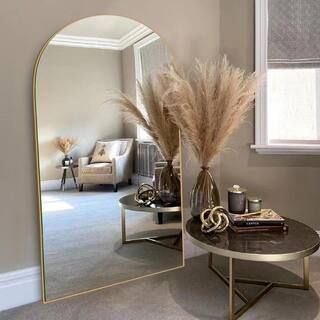 LuxHomez 32 in. W x 71 in. H Oversized Modern Arch Wood Full Length Mirror Gold Wall Mounted/Stan... | The Home Depot