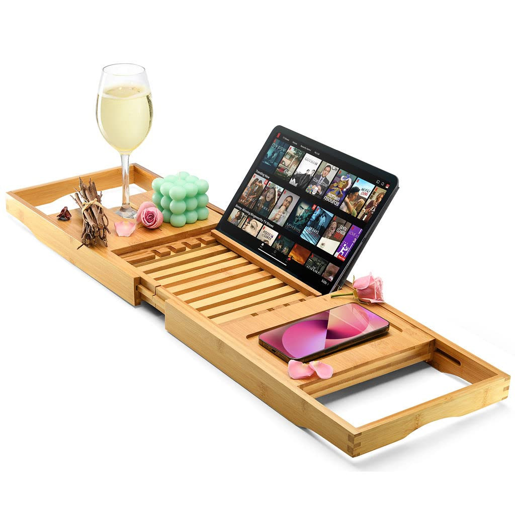 Luxury Foldable Bathtub Tray Caddy - Waterproof Wooden Bath Organizer for Wine, Book, Soap, Phone... | Amazon (US)