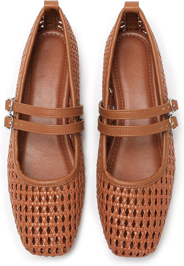 Women's Square Toe Mary Jane Woven Mesh Flats, Adjustable Buckle Strap | Amazon (US)