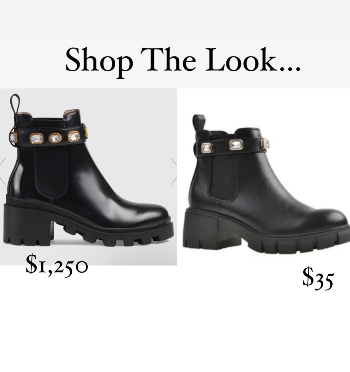 Shop the look
Look for less
Gucci boots
Chelsea 
Black
Rhinestone embellished 
Walmart Finds 
Affordable 

#LTKunder50 #LTKSeasonal #LTKshoecrush