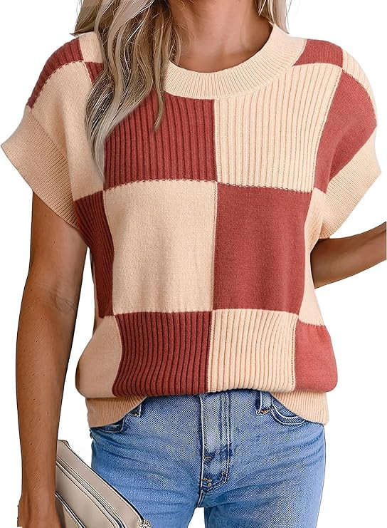 EVALESS Short Sleeve Sweater for Women Color Block Checkered Knit Tank Top | Amazon (US)