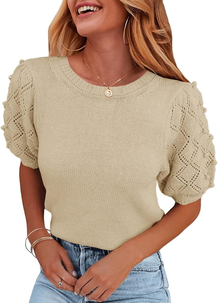 Ybenlow Sweaters for Women Summer Puff Short Sleeve Sweater Crew Neck Knitted Pullover Pom Pom Li... | Amazon (US)