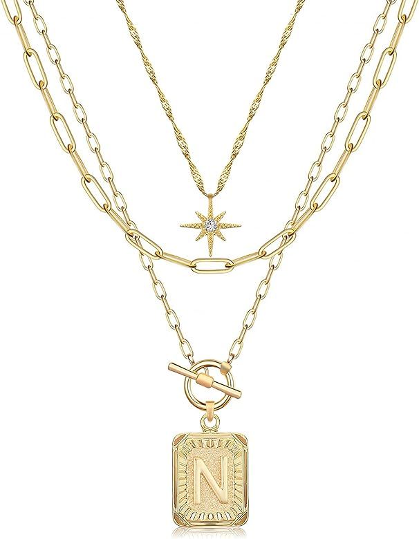 MJartoria 14K Gold Plated Layered Initial Necklaces for Women Trendy, Simple Square A-Z Letter Ne... | Amazon (US)