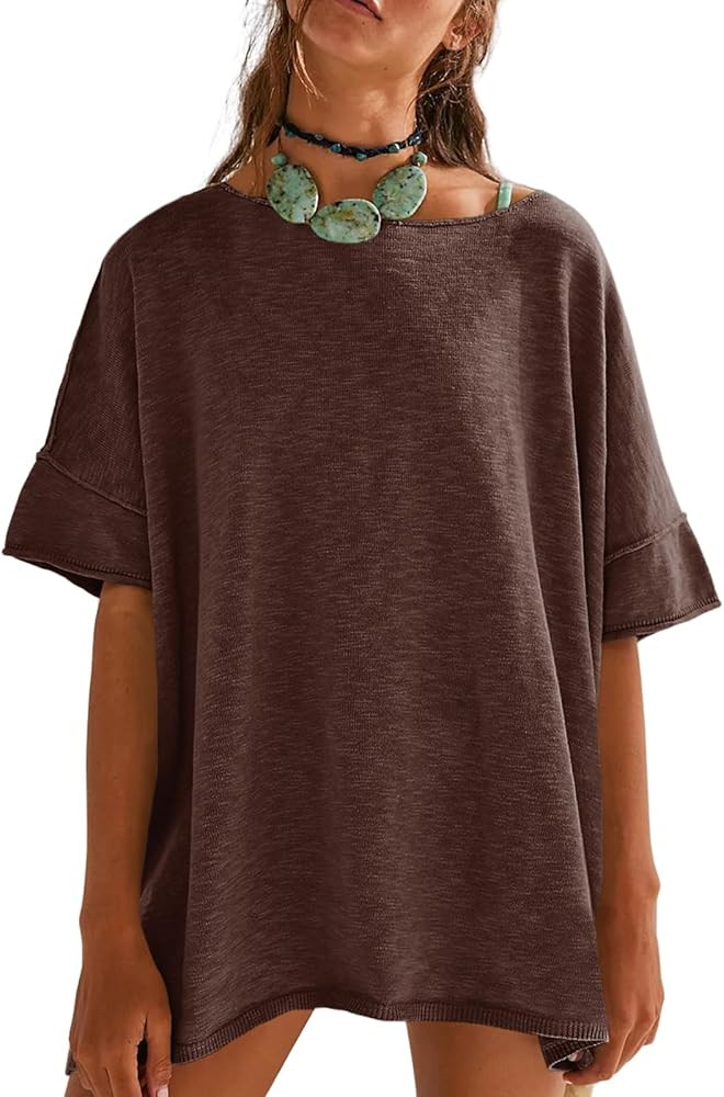 Tankaneo Women's Oversized T Shirts Casual Summer Crew Neck Loose Dropped Short Sleeve Side Slit ... | Amazon (US)