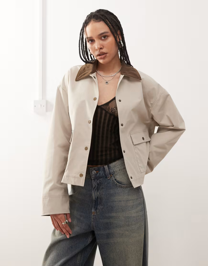 Noisy May contrast collar lightweight barn jacket in stone-Neutral | ASOS (Global)