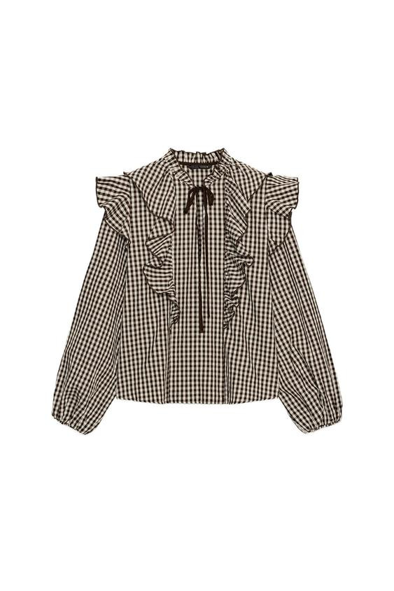 PLAID RUFFLED TIE BLOUSE | Zara US