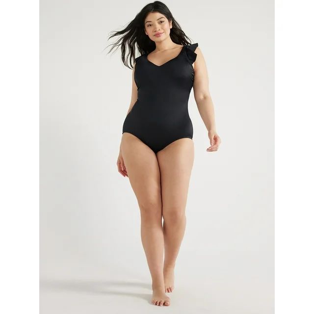 Time and Tru Women's and Women's Plus Solid Ruffle Sleeve One Piece Swimsuit, Sizes S-3X | Walmart (US)