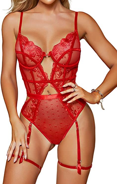 Kaei&Shi Floral Embroidered, Underwire, Removable Garter, Thigh Straps, Backless Bodysuit | Amazon (US)