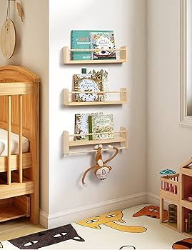 Nursery Floating Shelves for Wall, Set of 3 Book Shelves Natural Wood Wall Mounted Organizer with... | Amazon (US)
