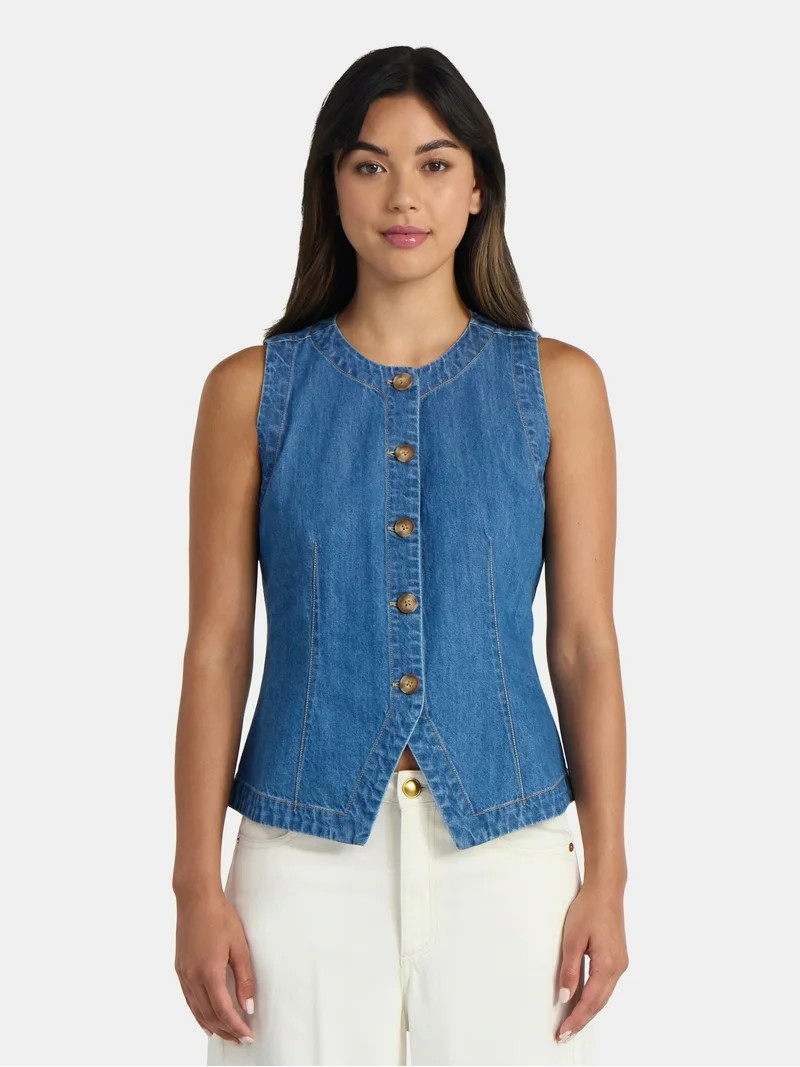 Time and Tru Women's Button Up Denim Vest, Sizes XS-XXXL | Walmart (US)