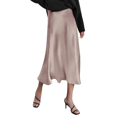 Women's High Waist Satin Midi Skirt - Elegant A-Line Silky Skirt Light Khaki Light Khaki Medium | Target