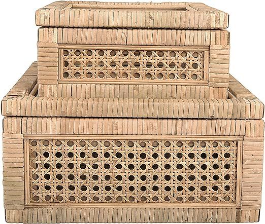 Creative Co-Op Boho Woven Cane and Rattan Display Boxes with Glass Lids, Set of 2 Sizes, Natural | Amazon (US)