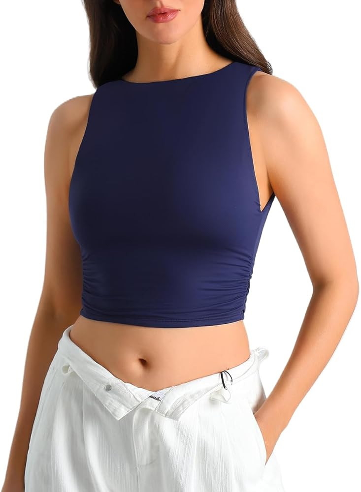 HOYAYO Women's Reversible Slim Fit Tank Top Boat Neck Sleeveless Dropped Armholes Side Ruched Dou... | Amazon (US)