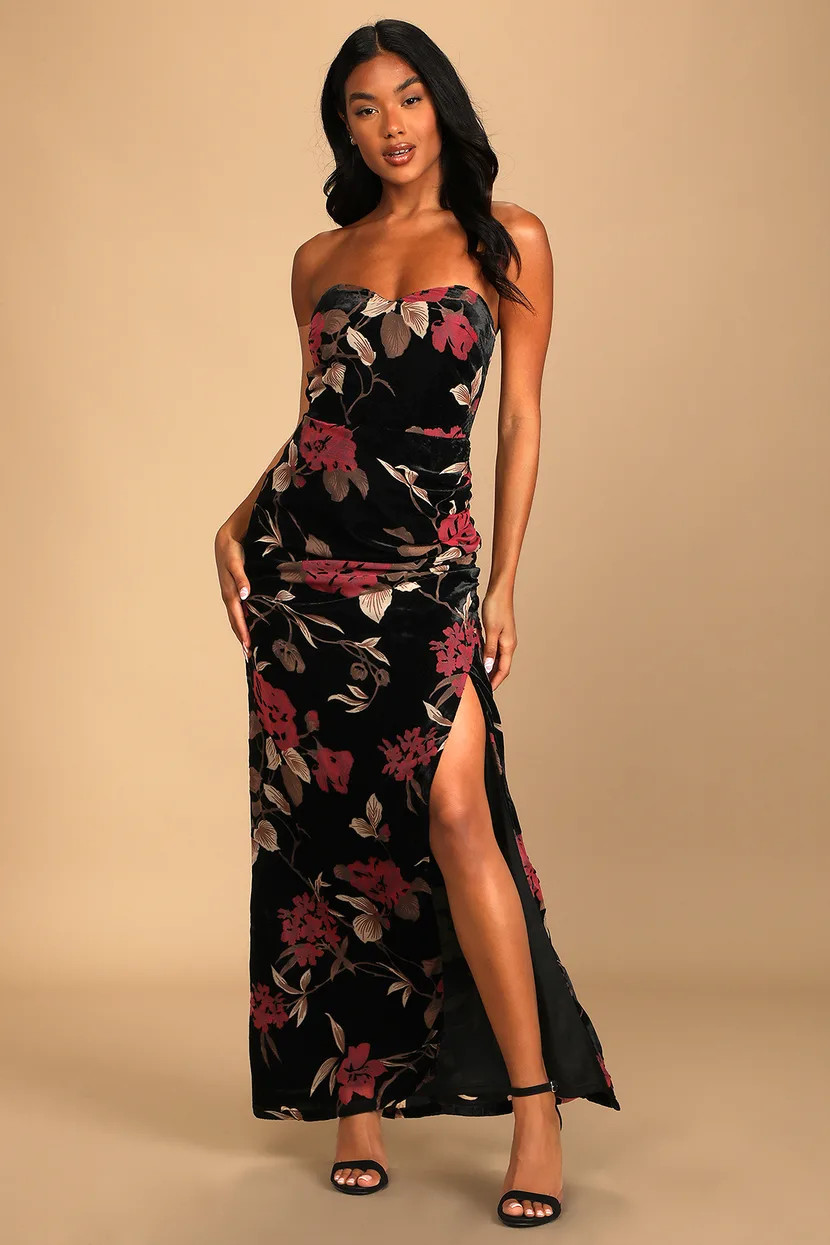 Exquisite Black Floral Burnout Velvet Strapless Maxi Dress | Lulus (US)