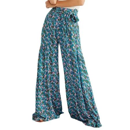 Boho Wide Leg Pants for Women High Waist Floral Printed Belted Palazzo Pants Loose Flowy Pants Hippi | Walmart (US)