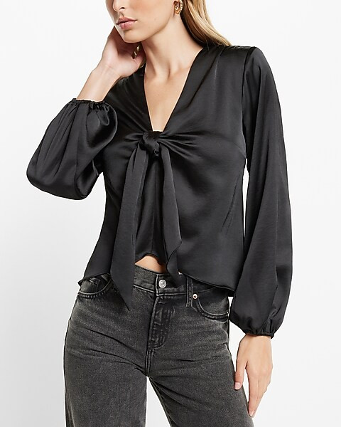 Satin V-Neck Balloon Sleeve Tie Front Top | Express