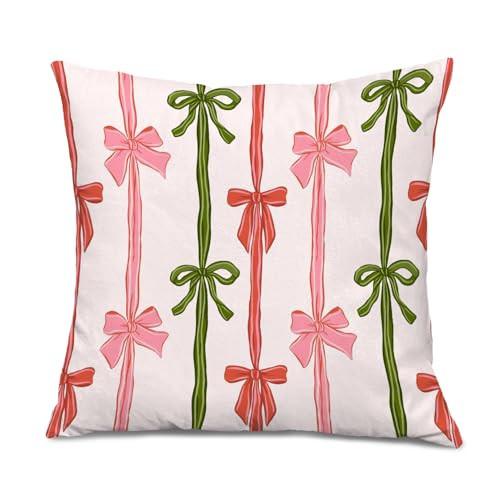 Foritho Preppy Christmas Bow Pillow Covers 18x18, Coquette Christmas Decor, Xmas Red Pink Green Bow Ribbon Decorative Throw Pillow Covers for Girls Room Dorm Apartment Sofa Couch | Amazon (US)
