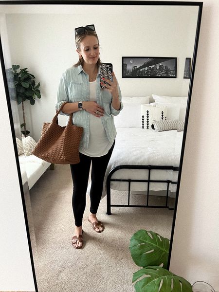 It’s just me almost 8 months pregnant and trying to see how many outfits I can make out of maternity leggings- the limit does not exist 😂 also I love a lightweight chambray shirt for a summer to fall transition, just tie on your waist in the afternoon. Another good capsule piece! 

#LTKbump #LTKSeasonal #LTKunder50