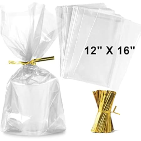 Wowfit 50 CT 12x16 inches Clear Bottom Gusset Cellophane Gift Bags with 6" Gold Twist Ties, Cello... | Amazon (US)