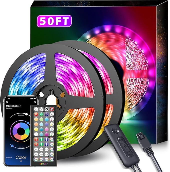 50Ft LED Strip Lights Music Sync Color Changing RGB LED Strip 44-Key Remote, Sensitive Built-in M... | Amazon (US)