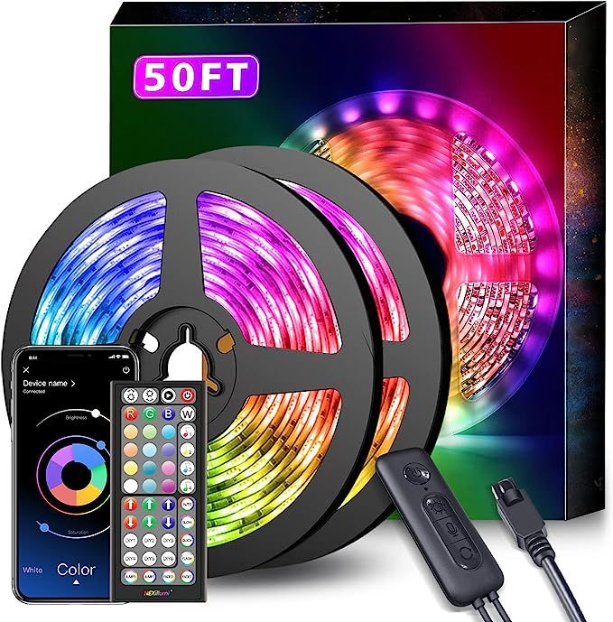 50Ft LED Strip Lights Music Sync Color Changing RGB LED Strip 44-Key Remote, Sensitive Built-in M... | Amazon (US)