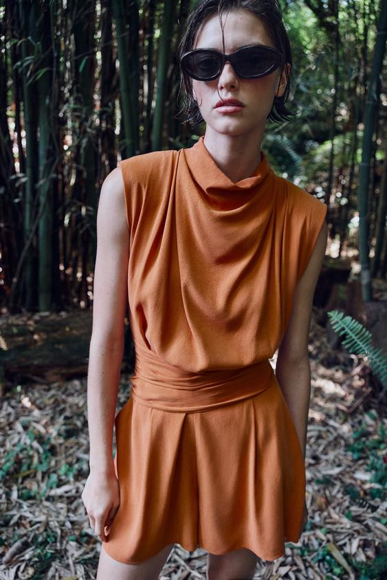 Zara - Belted Playsuit With Shoulder Pads - Russet - Xs - Woman | Zara UK