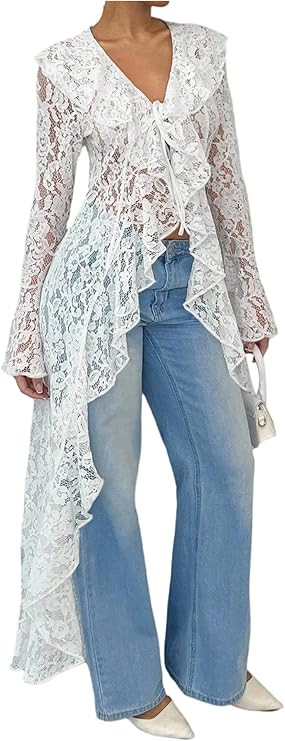 WDIRARA Women's Floral Lace Tie Front Blouse Long Bell Sleeve V Neck Ruffle Tops High Low Shirts | Amazon (US)