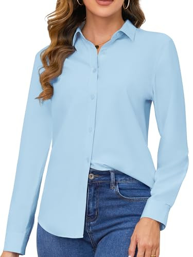 blue shirts for women button up blouse womens tops tailored dressy casual blouses for work professional fitted Light Blue SIZE S | Amazon (US)