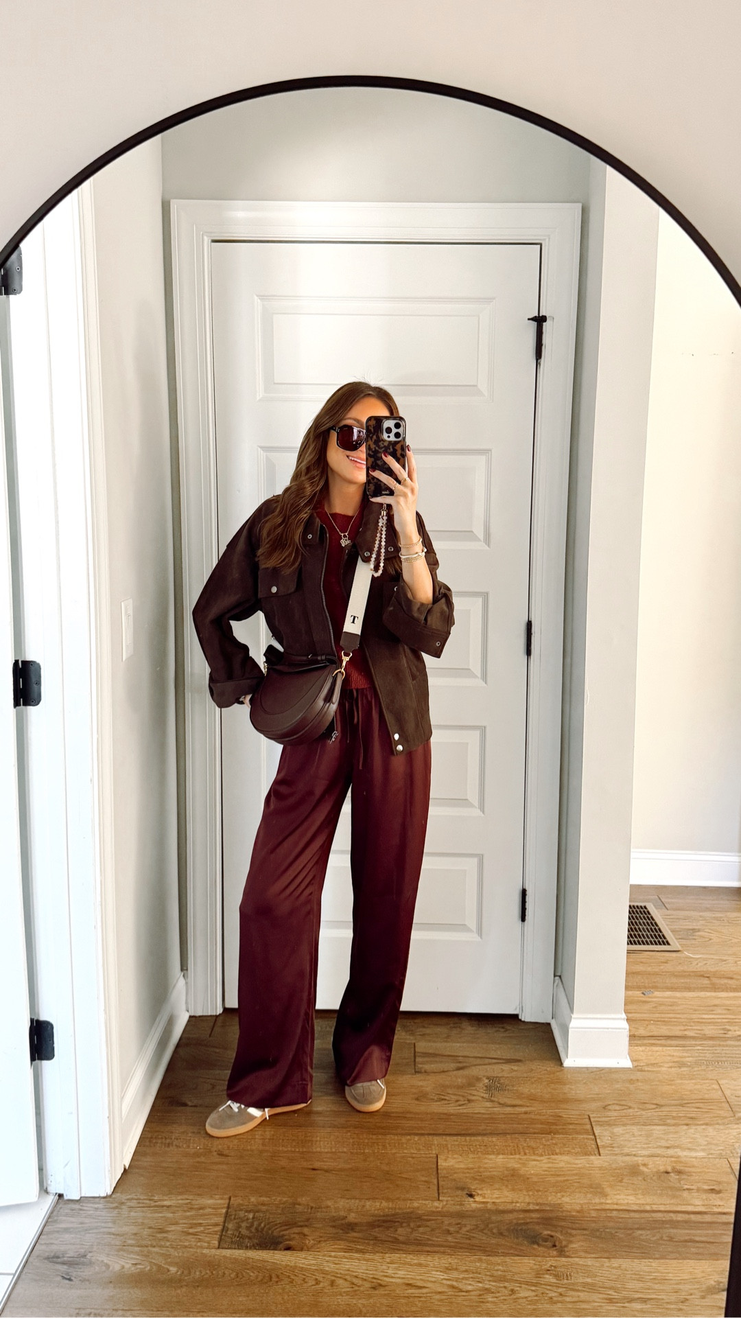 Xs sweater tee 
Xs long satin pants 
Size down one full size in sneakers 
Small suede jacket 


#LTKSaleAlert #LTKSeasonal #LTKStyleTip