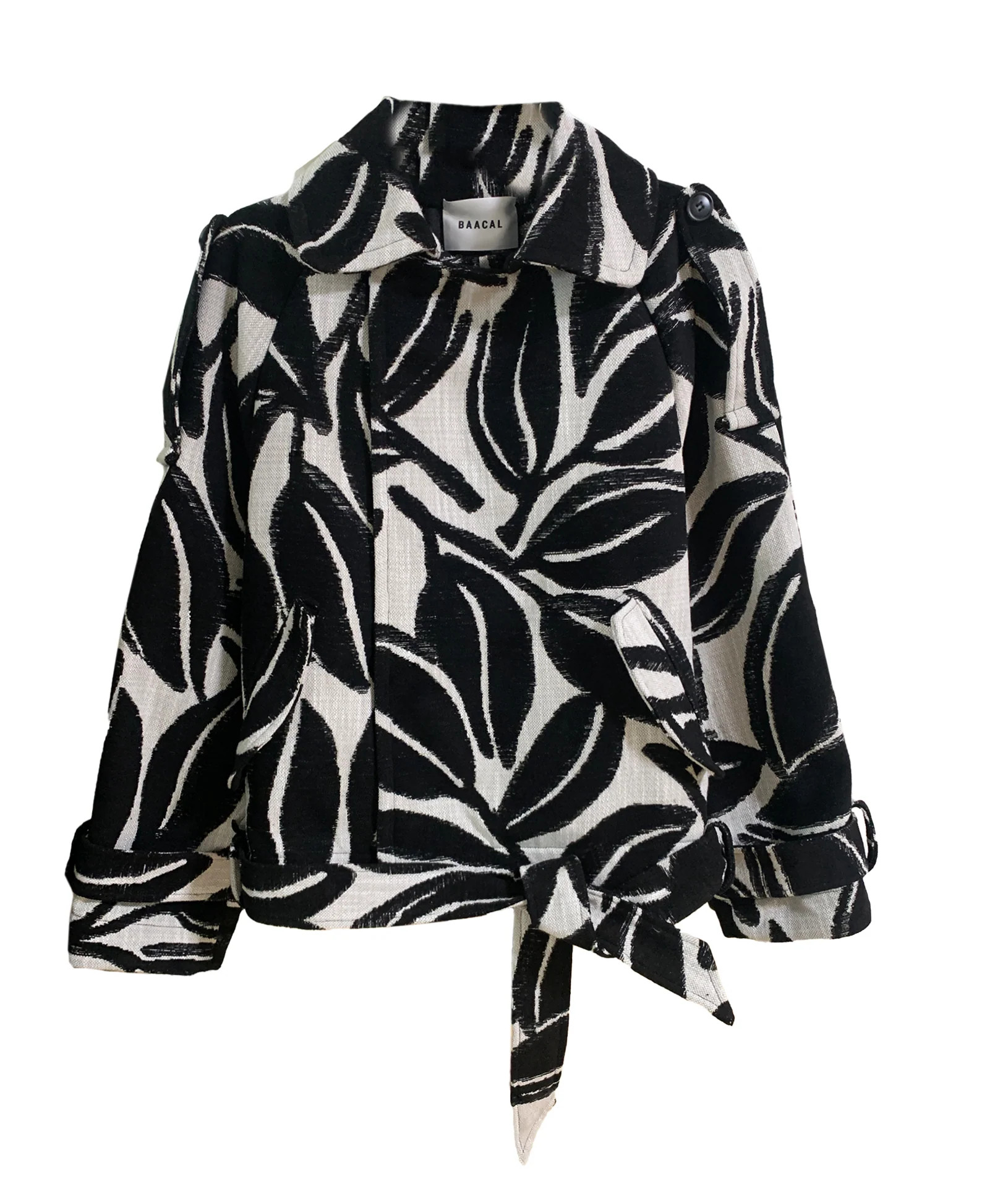 Marlo Short Moto Trench Coat- Black White Leaves | BAACAL Limited, LLC