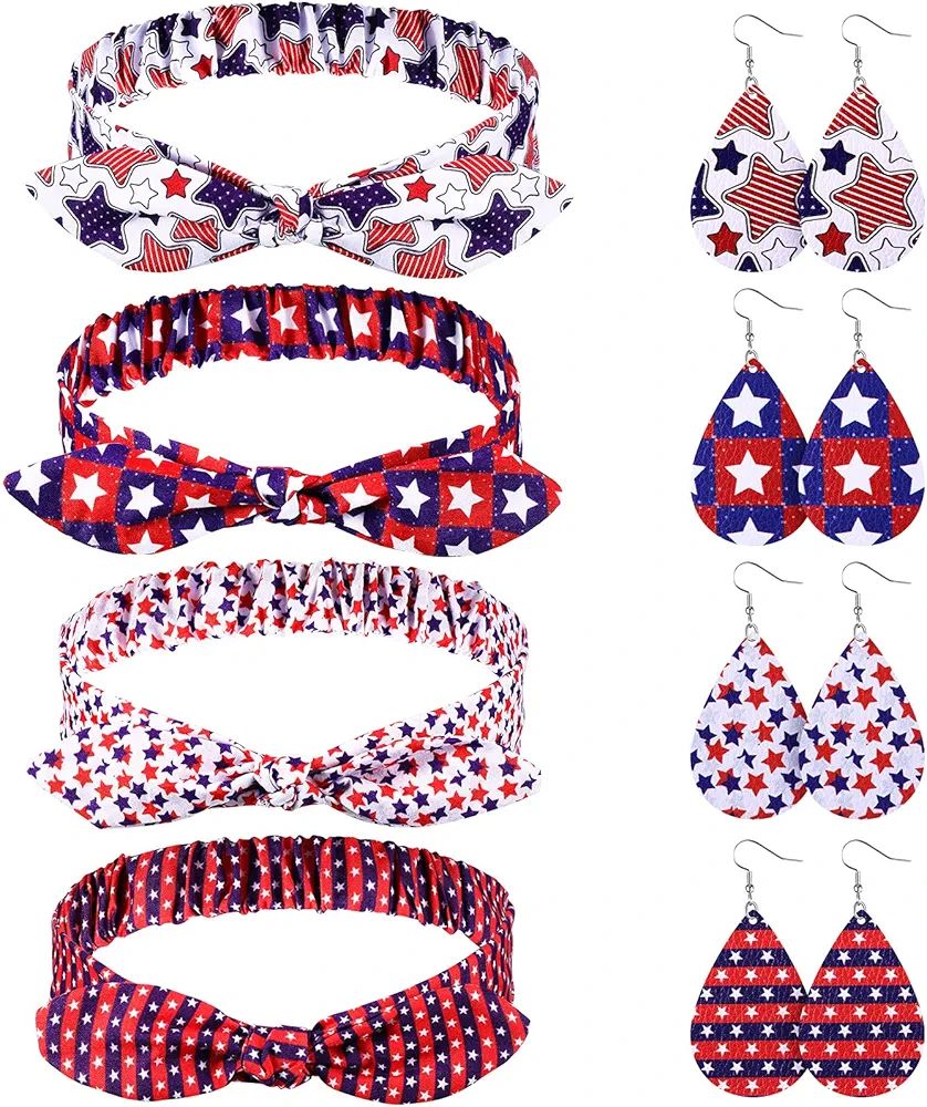 Chuangdi 8 Pieces American Flag Earrings Headband Set 4th of July Memorial Day Outfits for Women ... | Amazon (US)