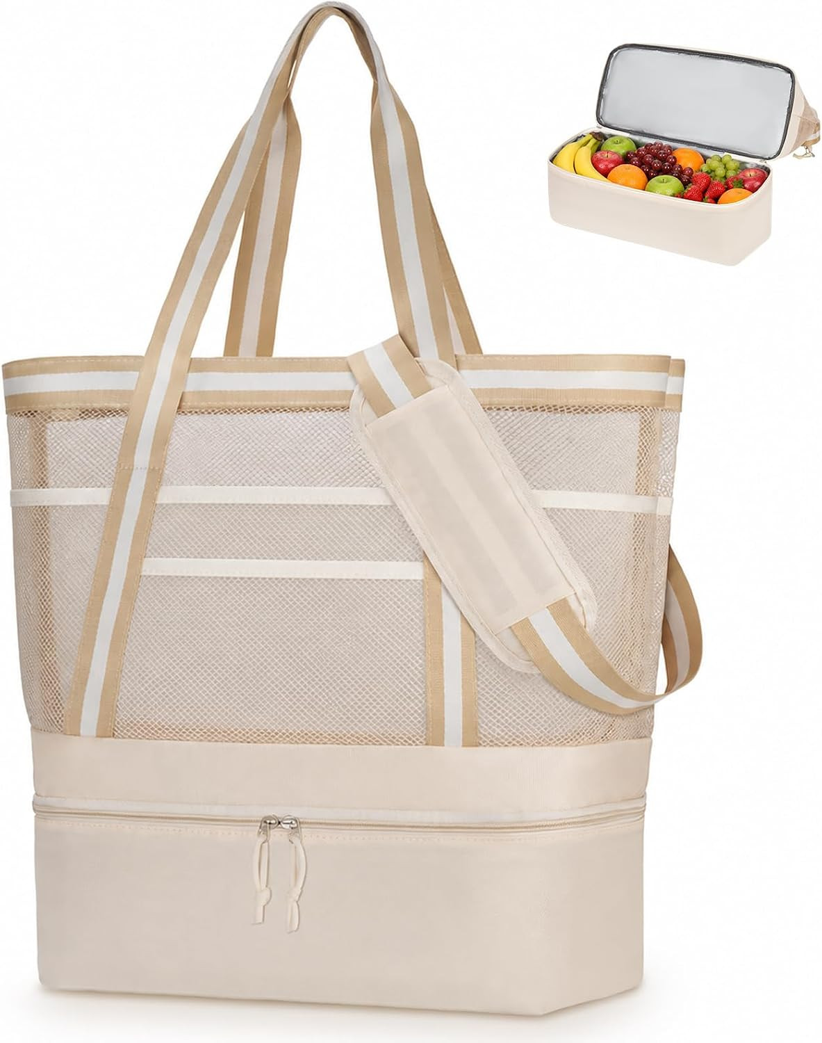 WOOMADA Mesh Tote Bag With Cooler, Large Reusable Tote Bags for Women with Wet Pocket, Shopping, Gym, Travel Essentials | Amazon (US)