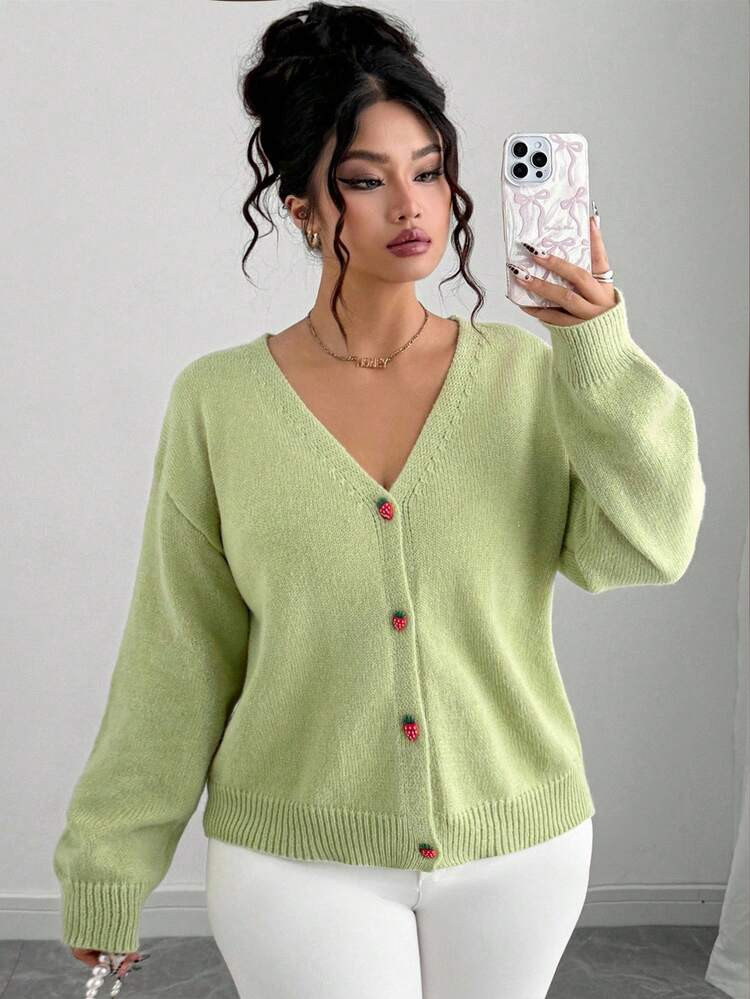 Elenzga Halloween Plus Size Women Casual V-Neck Strawberry Button Solid Color Long Sleeve Knit Cardigans, Autumn/Winter Strawberry Cardigan Cardigan Women Green Cardigan Cottagecore Cardigan Fall Cloth For Women | SHEIN
