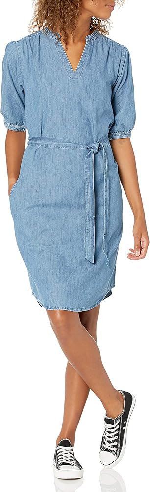 Amazon Brand - Goodthreads Women's Denim Puff Sleeve V-Neck Tie Waist Dress | Amazon (US)