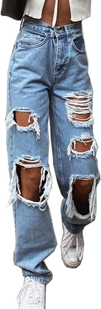 Mxiqqpltky Women Ripped Boyfriend Jeans High Waist Baggy Plus Size Aesthetics Wide Leg Denim Pant... | Amazon (US)