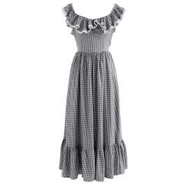 Gingham Ruffled Shoulder Frilling Dress in Black | Chicwish